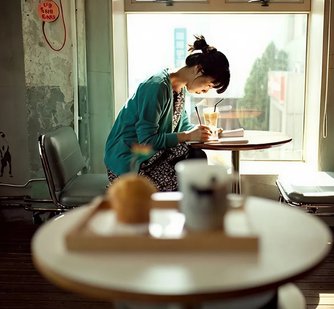 Person sitting at a cafe with coffee