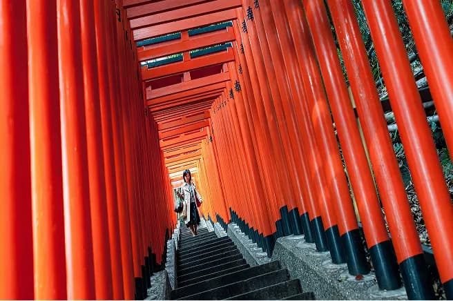Person walking through a tunnel of orange torii gates